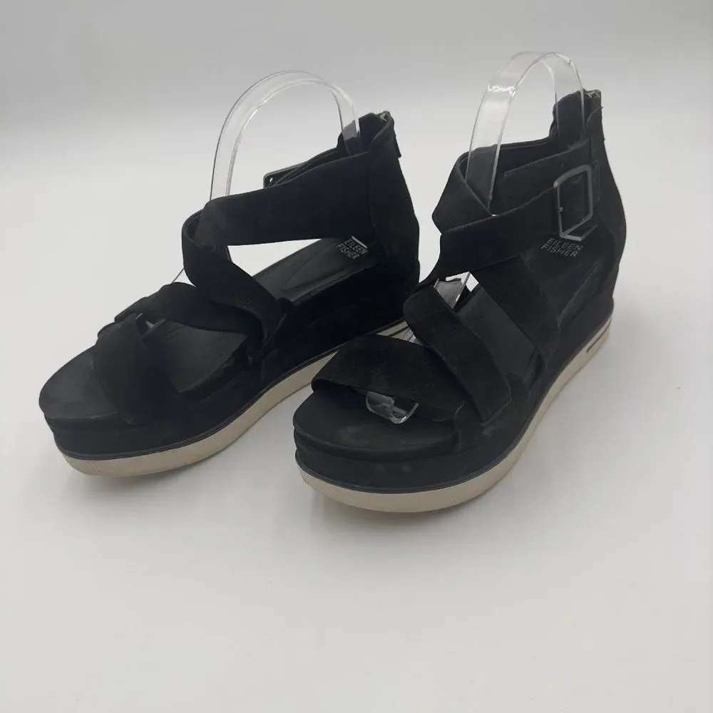 Eileen Fisher Suede Boost Wedge Sandal with crisscross strap, Back zip. Size 9.5